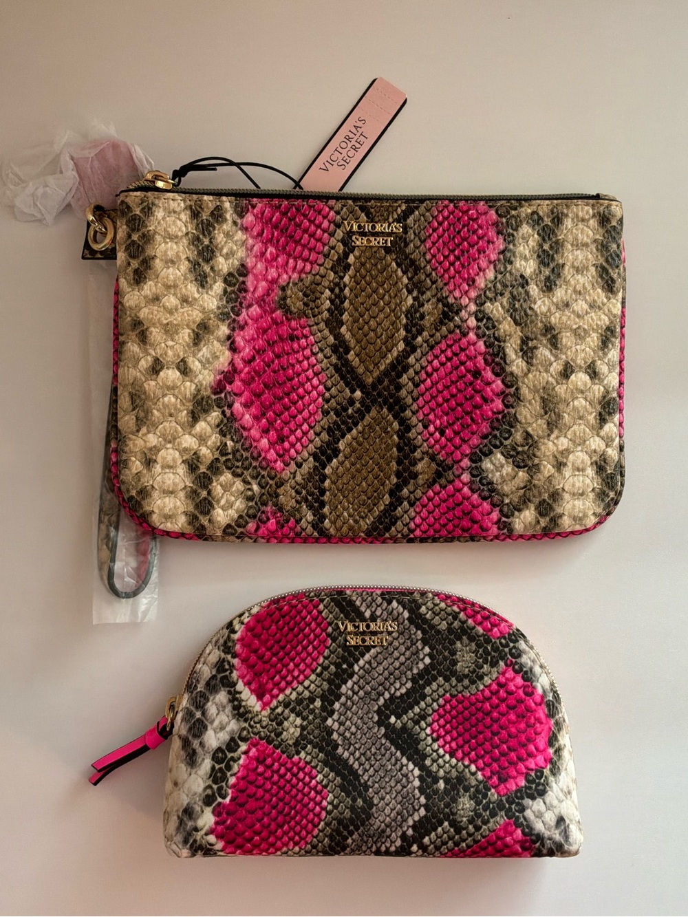 Victoria's Secret Pink Snake-Print Leather Wristlet and Cosmetic Pouch Set